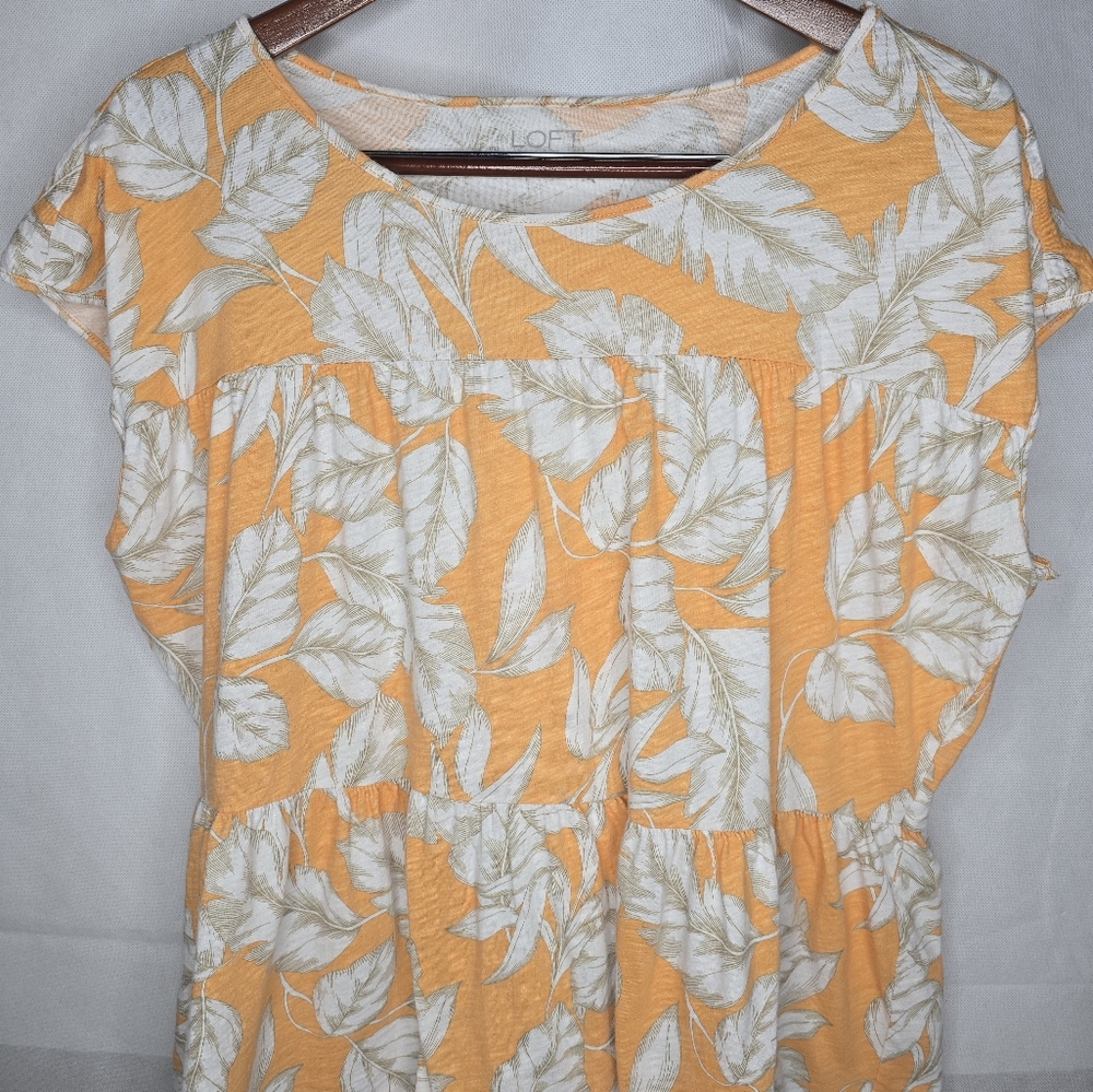 LOFT Top Orange White Tropical Floral Short Cap Sleeve Tiered Babydoll XL